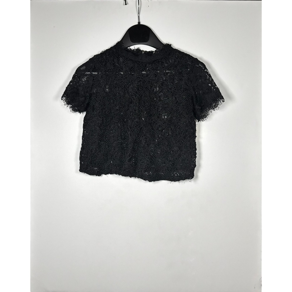 Zara Trafaluc Cropped Blouse Top Womens Small Black Lace Full Zip Short Sleeve